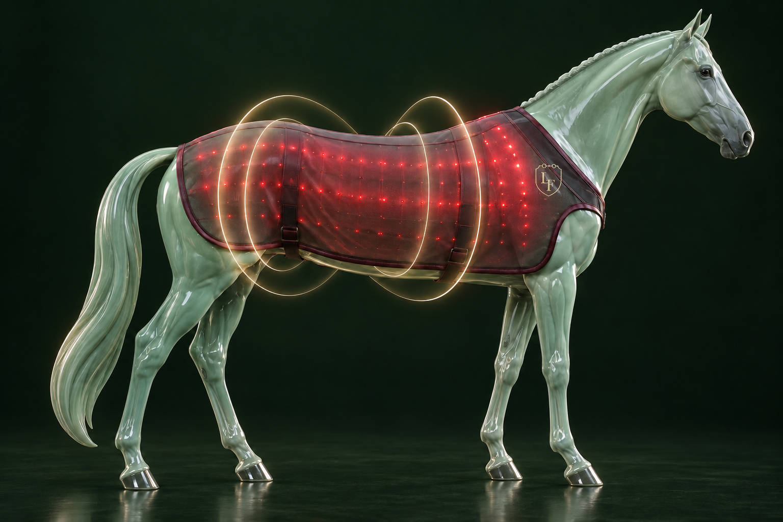 Sleek pale celadon warmblood wearing a translucent graphite blanket with the La Forza crest, with gently shimmering red LED points and circulating champagne PEMF highlights